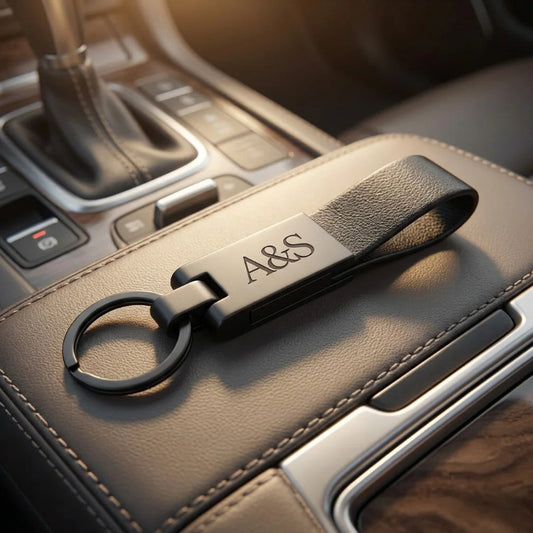 Luxury Matte Black & Leather Personalized Keychain – Custom Engraved Executive Key Ring – Customized Keychain