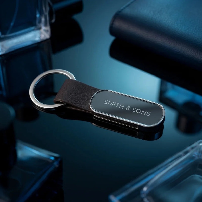 Luxury Espresso Leather & Polished Silver Keychain – Custom Engraved Premium Key Ring – Customized Keychain