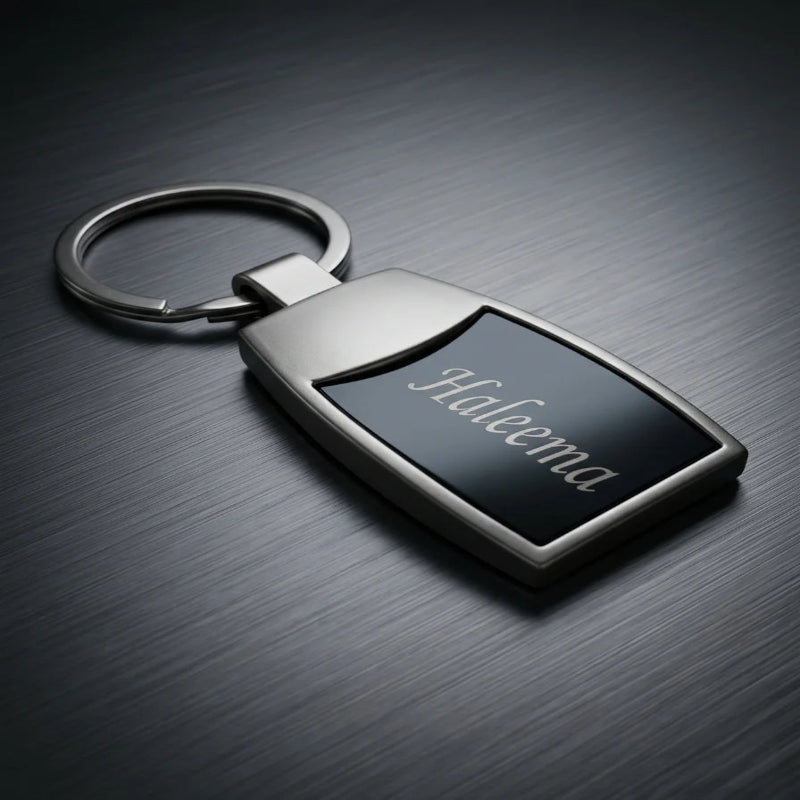 Luxury Satin Silver & Onyx Personalized Keychain – Custom Engraved Curved Metal Key Ring – Customized Keychain