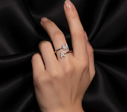 Double Initial Diamond Open Ring
