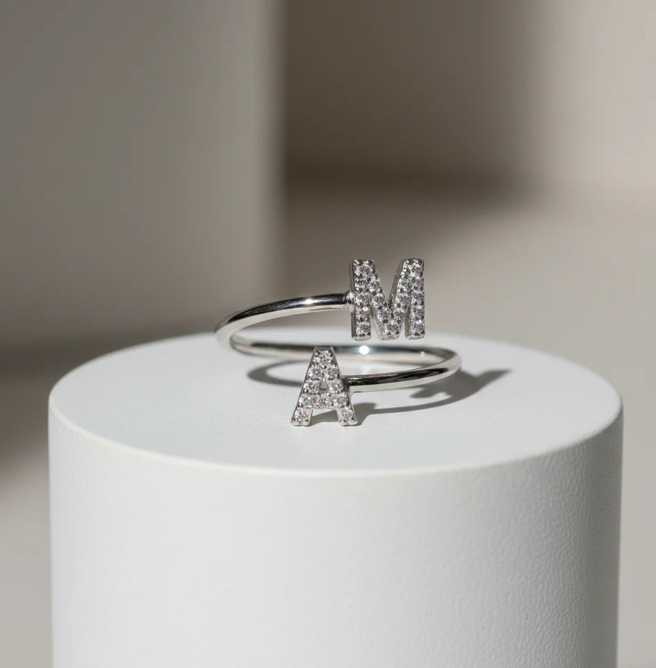 Double Initial Diamond Open Ring
