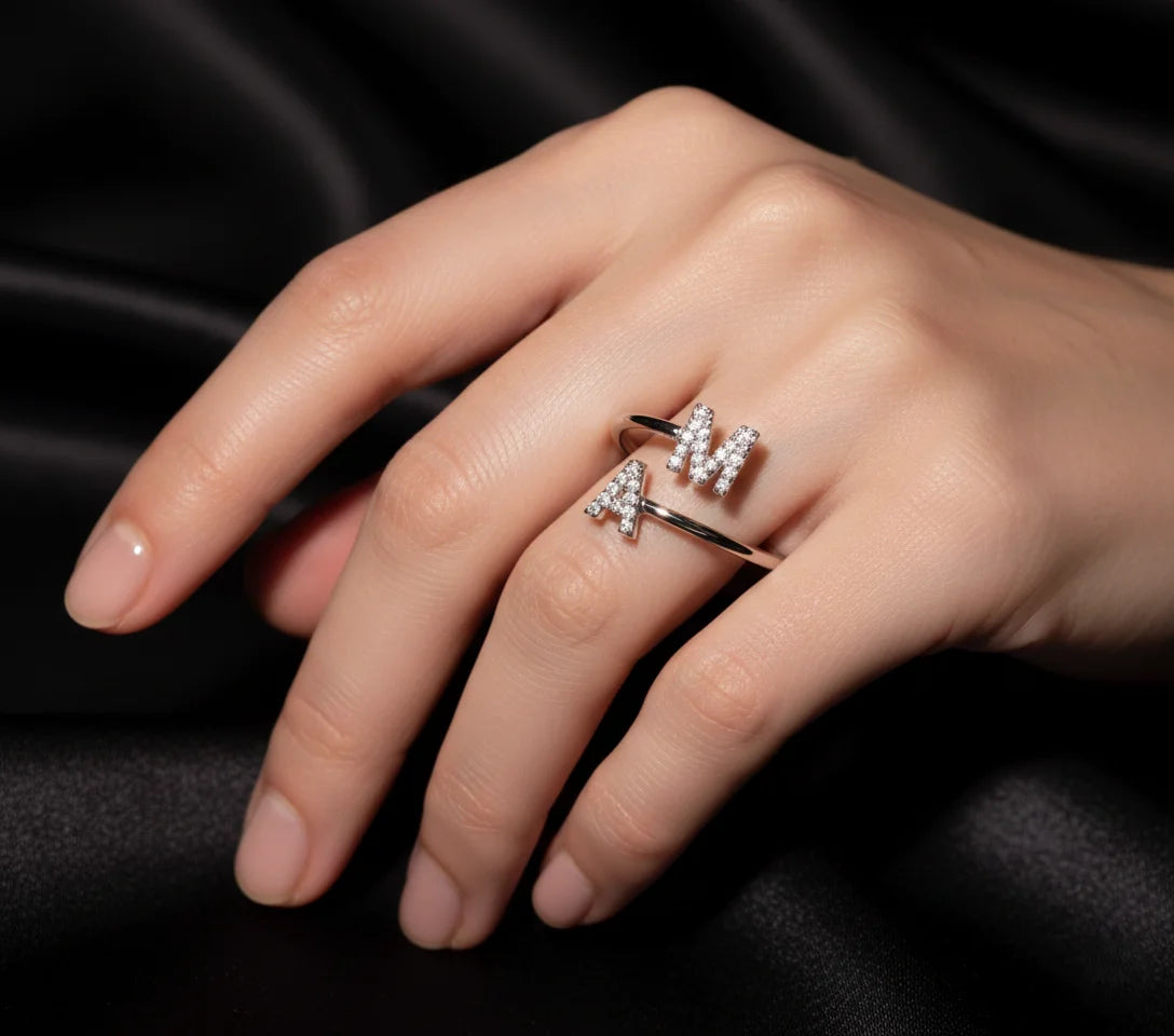 Double Initial Diamond Open Ring