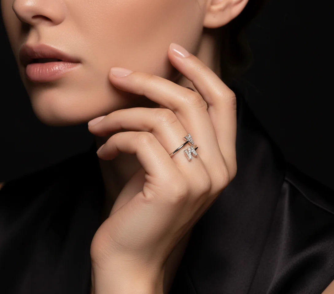 Double Initial Diamond Open Ring
