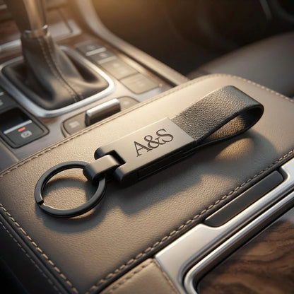Luxury Matte Black & Leather Personalized Keychain – Custom Engraved Executive Key Ring – Customized Keychain