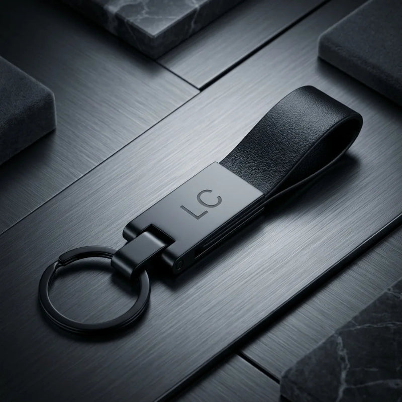 Luxury Matte Black & Leather Personalized Keychain – Custom Engraved Executive Key Ring – Customized Keychain