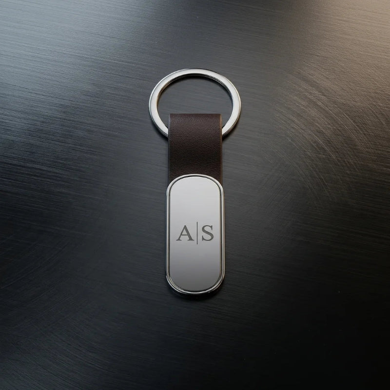 Luxury Espresso Leather & Polished Silver Keychain – Custom Engraved Premium Key Ring – Customized Keychain