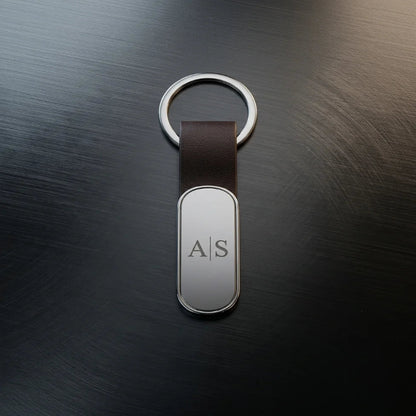 Luxury Espresso Leather & Polished Silver Keychain – Custom Engraved Premium Key Ring – Customized Keychain