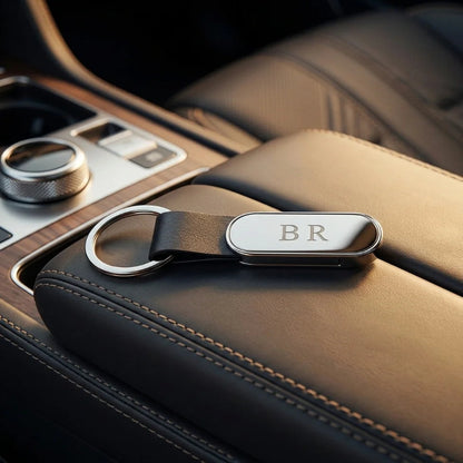 Luxury Espresso Leather & Polished Silver Keychain – Custom Engraved Premium Key Ring – Customized Keychain