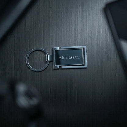 Luxury Gunmetal & Chrome Personalized Keychain – Custom Engraved Geometric Key Ring – Customized Keychain