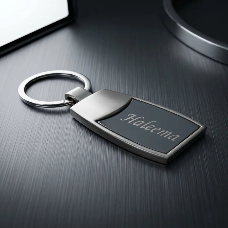 Luxury Satin Silver & Onyx Personalized Keychain – Custom Engraved Curved Metal Key Ring – Customized Keychain