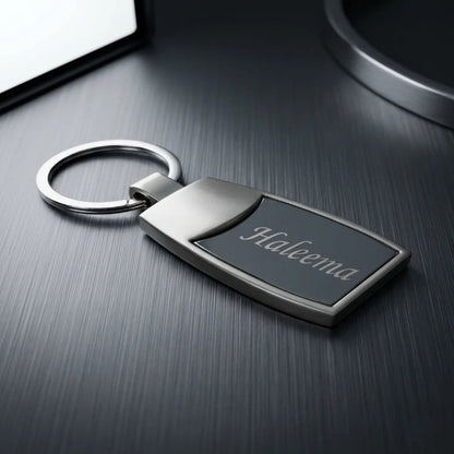 Luxury Satin Silver & Onyx Personalized Keychain – Custom Engraved Curved Metal Key Ring – Customized Keychain