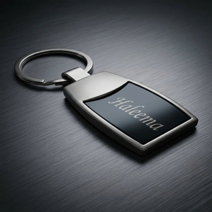 Luxury Satin Silver & Onyx Personalized Keychain – Custom Engraved Curved Metal Key Ring – Customized Keychain