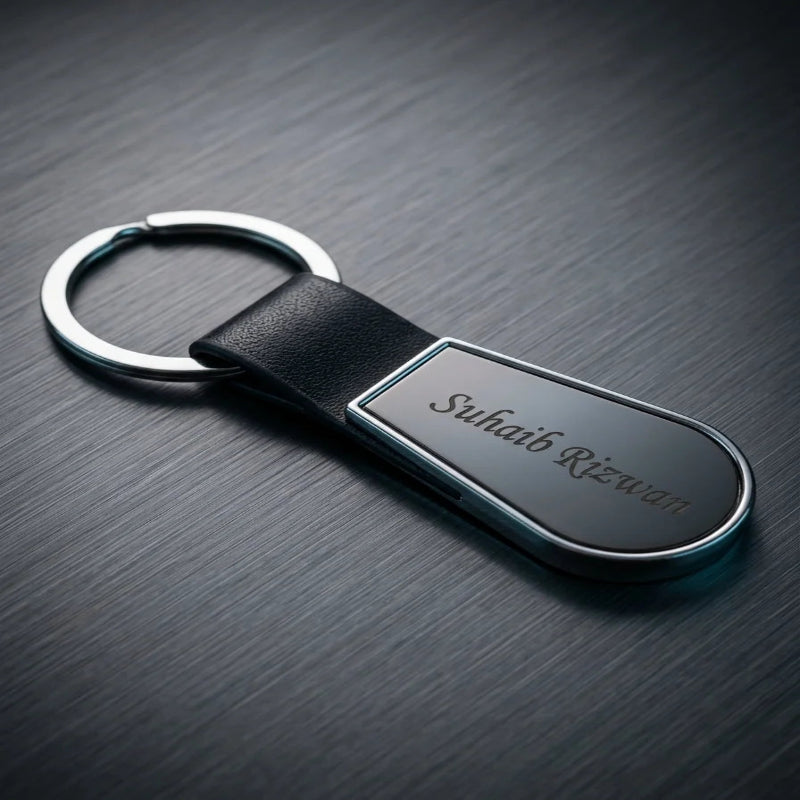 Luxury Leather & Polished Chrome Personalized Keychain – Custom Engraved Teardrop Key Ring – Customized Keychain