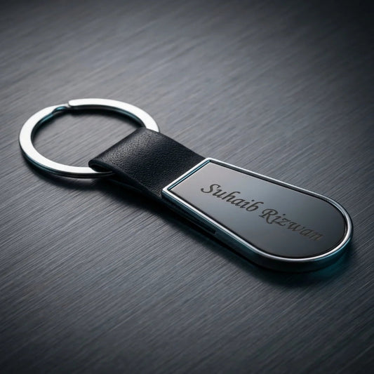 Luxury Leather & Polished Chrome Personalized Keychain – Custom Engraved Teardrop Key Ring – Customized Keychain