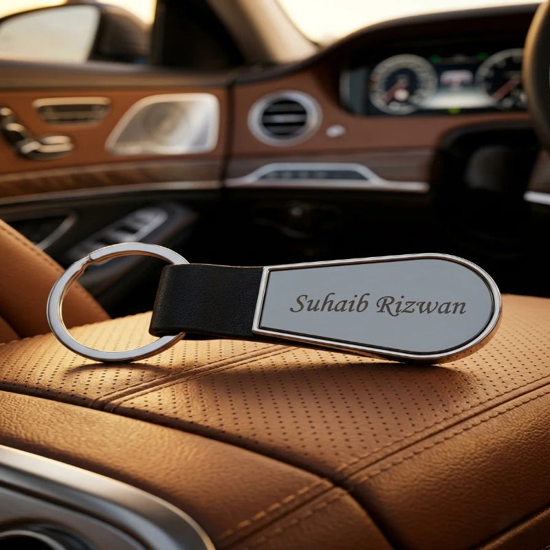 Luxury Leather & Polished Chrome Personalized Keychain – Custom Engraved Teardrop Key Ring – Customized Keychain
