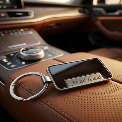 Luxury Piano Black & Chrome Personalized Keychain – Custom Engraved Executive Key Ring – Customized Keychain