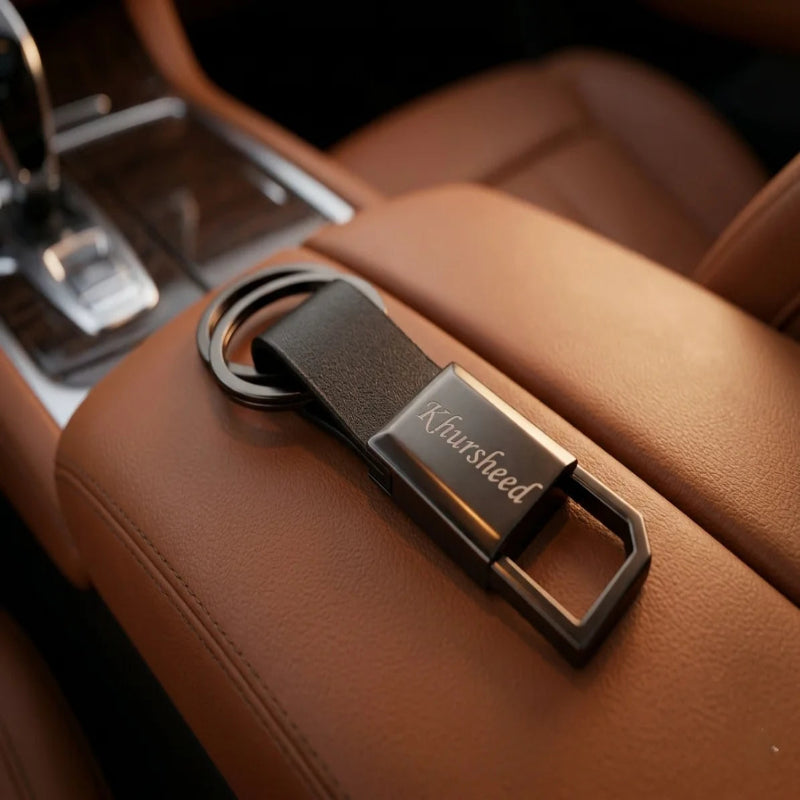 Luxury Gunmetal & Leather Personalized Keychain – Custom Engraved Dual-Ring Key Organizer -Customized Keychain