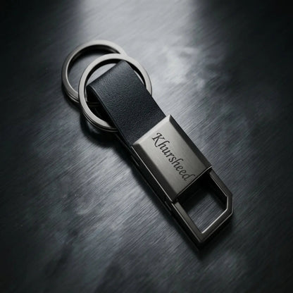 Luxury Gunmetal & Leather Personalized Keychain – Custom Engraved Dual-Ring Key Organizer -Customized Keychain