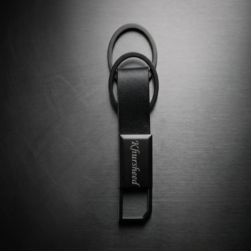 Luxury Gunmetal & Leather Personalized Keychain – Custom Engraved Dual-Ring Key Organizer -Customized Keychain