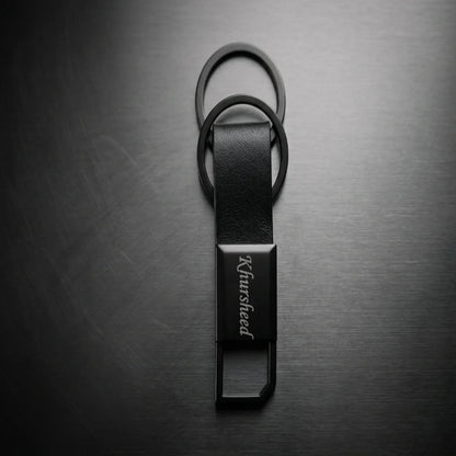 Luxury Gunmetal & Leather Personalized Keychain – Custom Engraved Dual-Ring Key Organizer -Customized Keychain