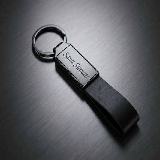 Luxury All-Black & Leather Personalized Keychain – Custom Engraved Minimalist Key Ring – Customized Keychain