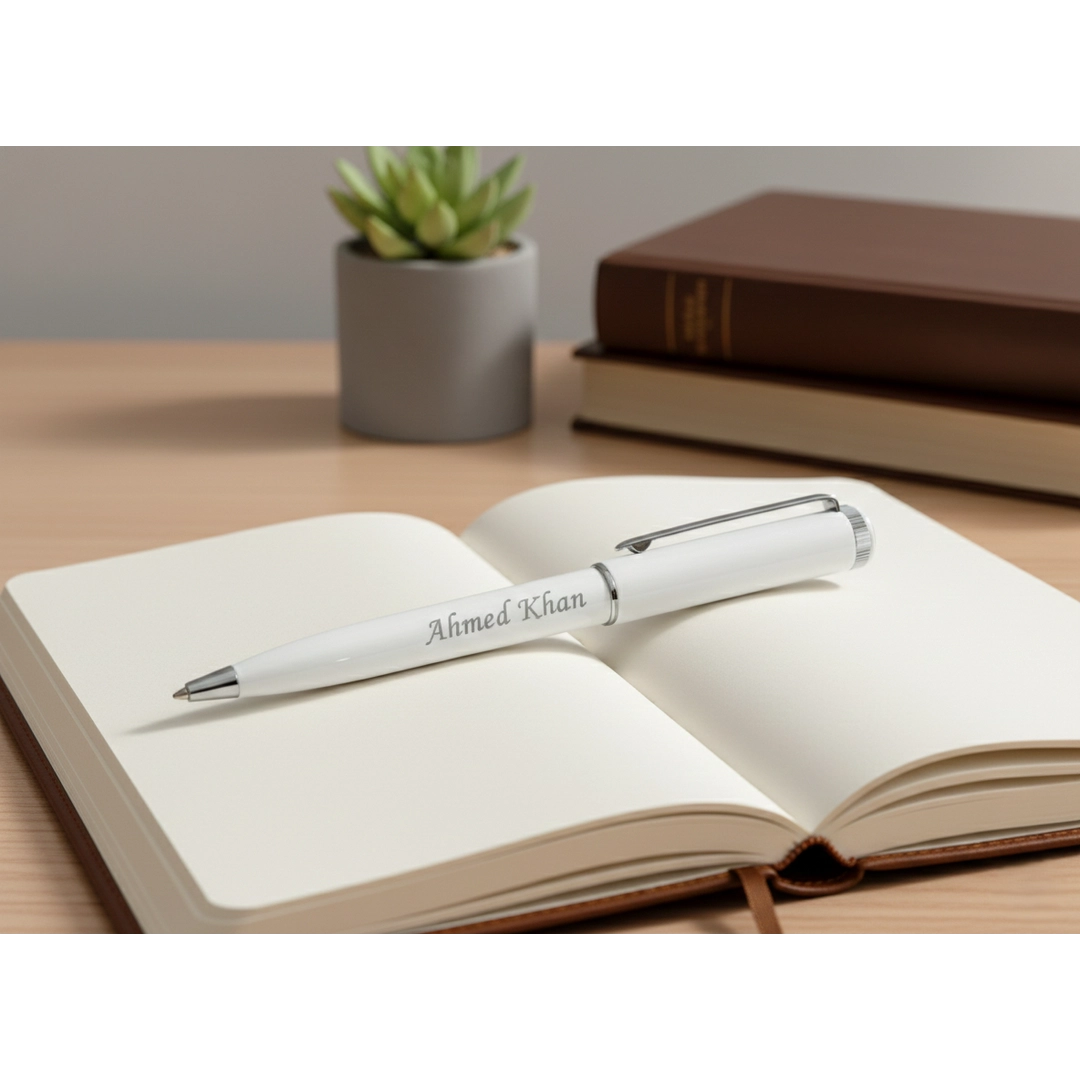 Arctic White & Silver Custom Engraved Pen – Sleek Minimalist Series – Customized Pens for Gifts