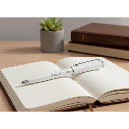 Arctic White & Silver Custom Engraved Pen – Sleek Minimalist Series – Customized Pens for Gifts