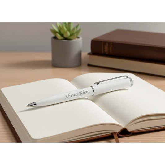 Arctic White & Silver Custom Engraved Pen – Sleek Minimalist Series – Customized Pens for Gifts